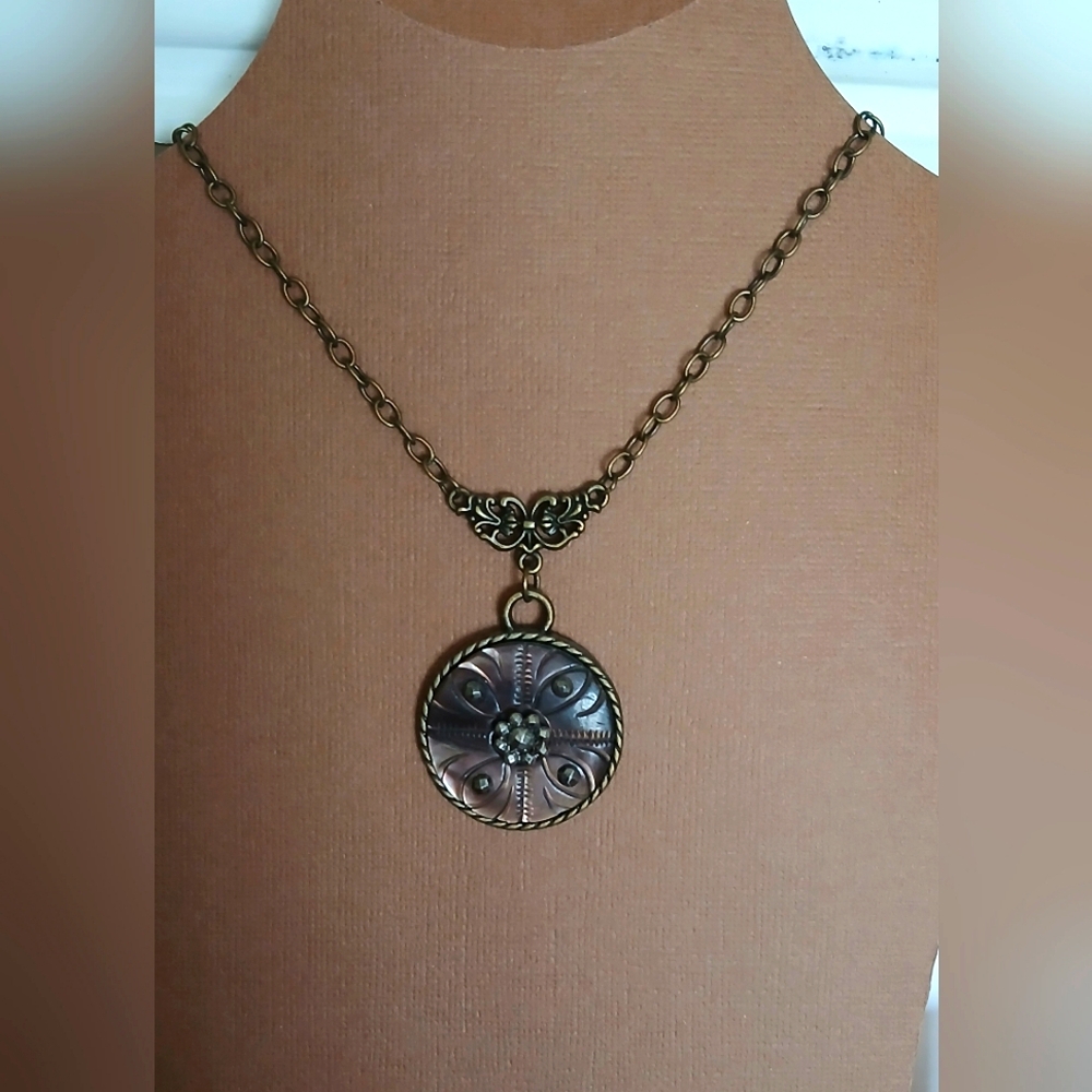 Antique Button Necklace Cut Steel Rivet Mother of Pearl Button Victorian Grunge